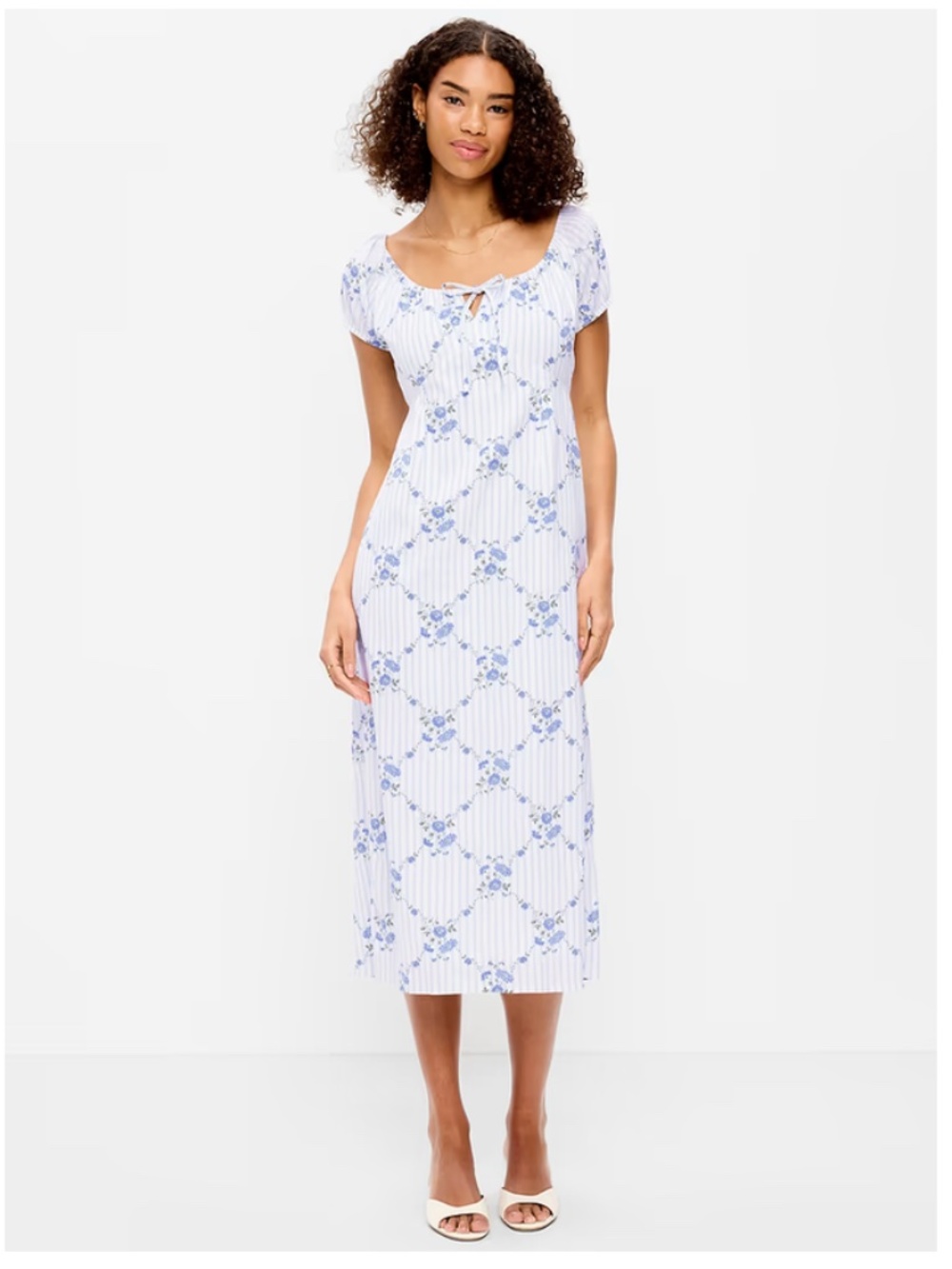 Short-Sleeve Scoop-Neck Midi Dress in White and Blue Floral